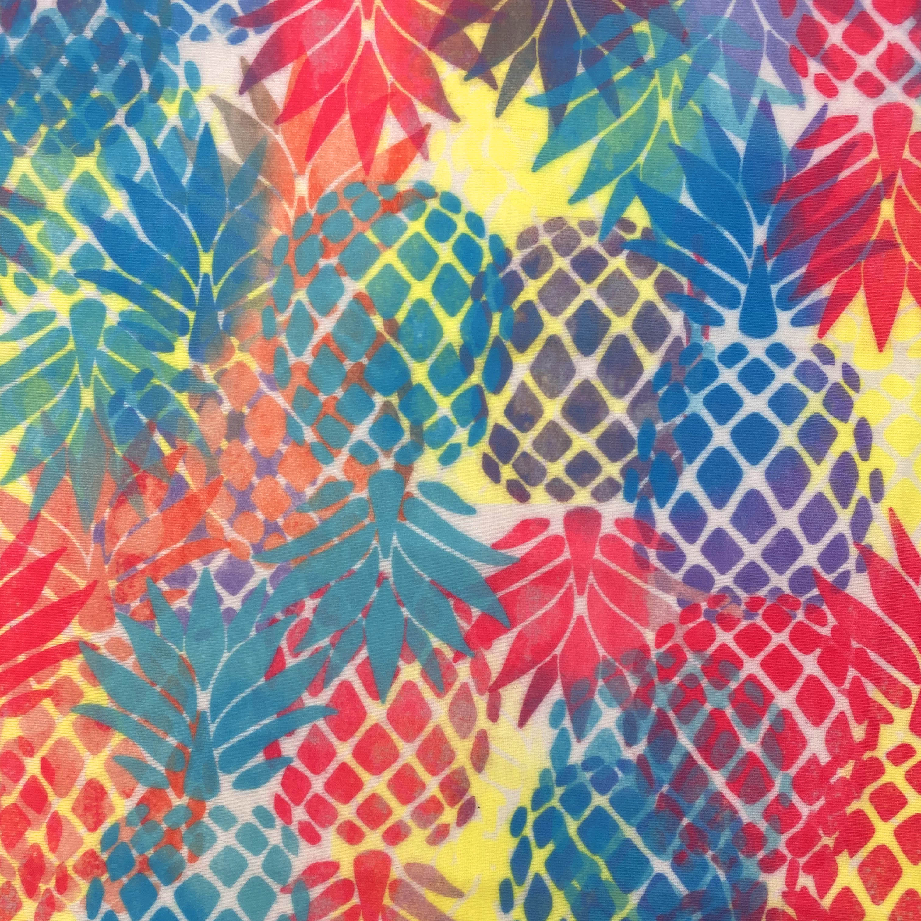 KAIN POLYESTER CETAK NANAS KUNING PINK TEAL